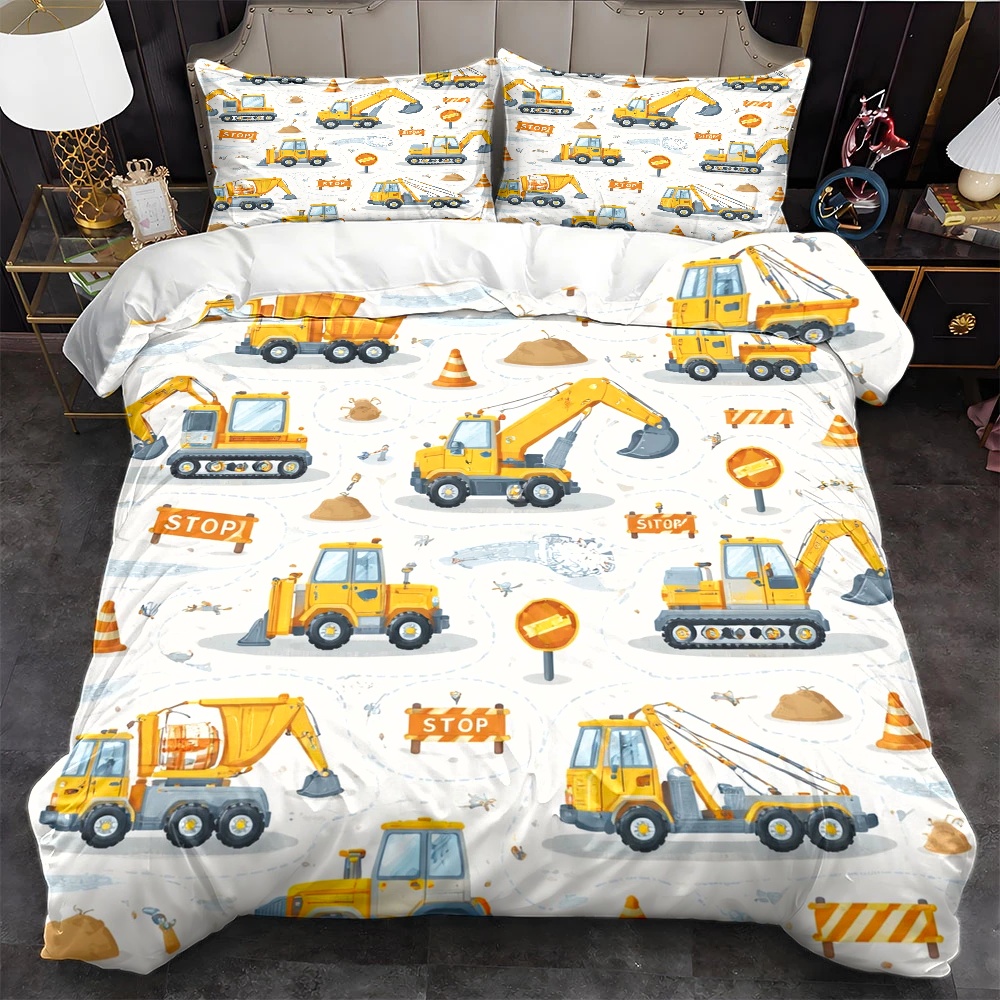 Duvet Cover Sets With Zipper - Construction Vehicle Themed Duvet Cover, Three-Piece