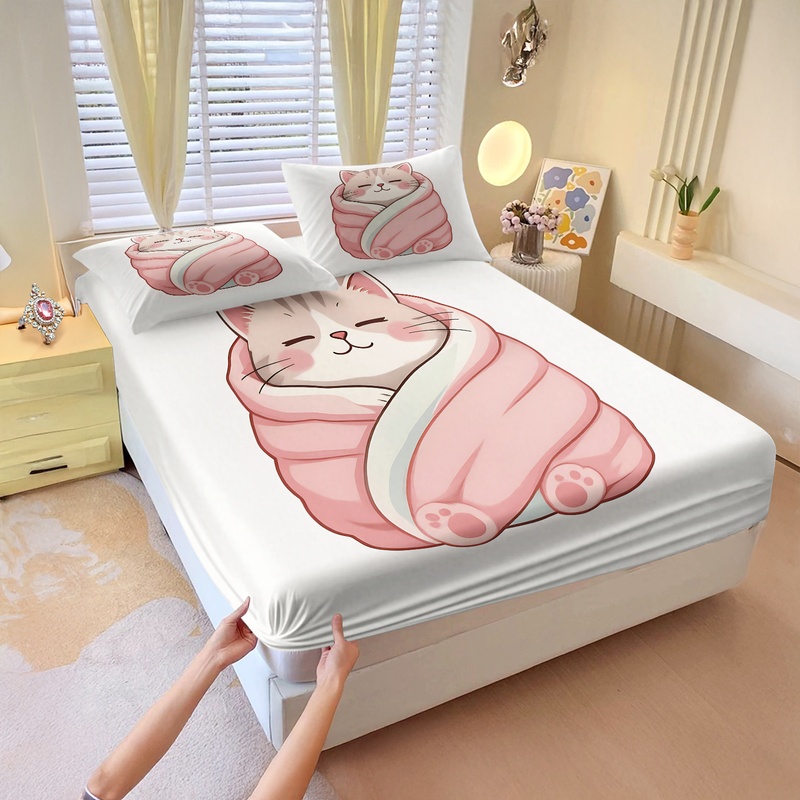 Cute Cat Print Fitted Sheet Se - огляд і ціна Fitted Bed Sheets Deep Pocket