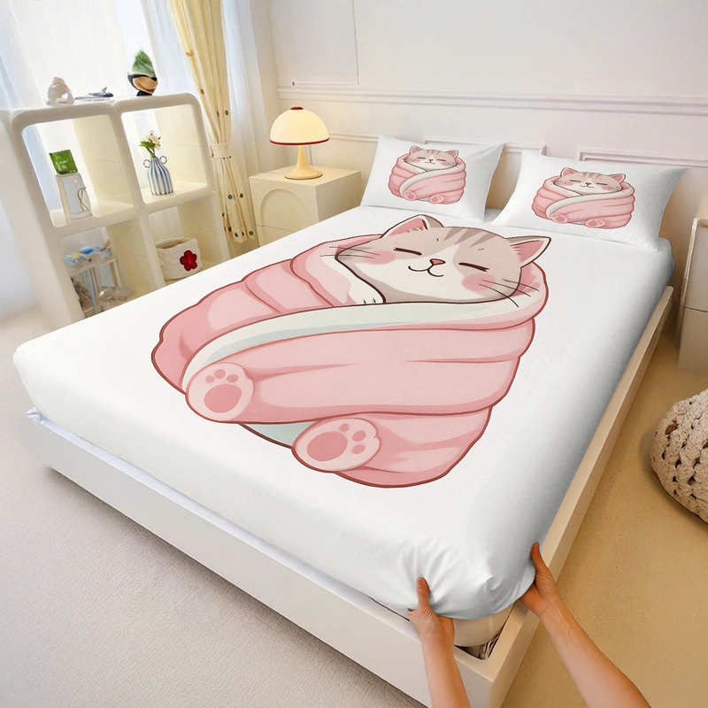 Cute Cat Print Fitted Sheet Se - огляд і ціна Fitted Bed Sheets Deep Pocket