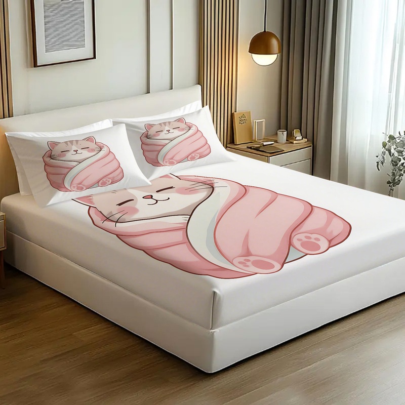 Cute Cat Print Fitted Sheet Se - огляд і ціна Fitted Bed Sheets Deep Pocket