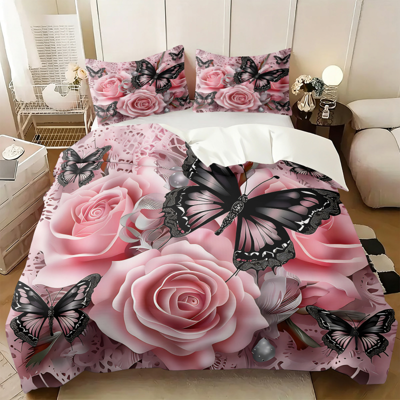 Pink Rose Black Butterfly Prin - огляд і ціна Aesthetic Floral Duvet Cover
